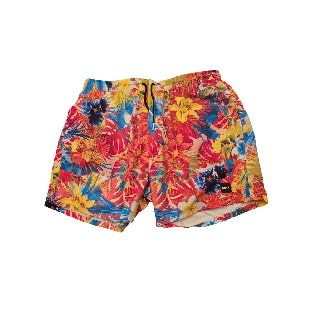 Hugo Boss Mens Tropical Floral Print Swim Shorts Red Yellow Blue Size Large